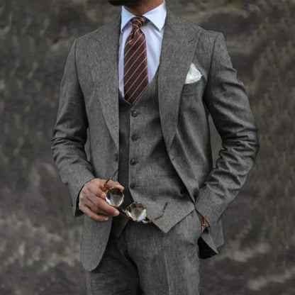 Men's three-piece suit with notched lapel blazer, buttoned waistcoat and matching trousers