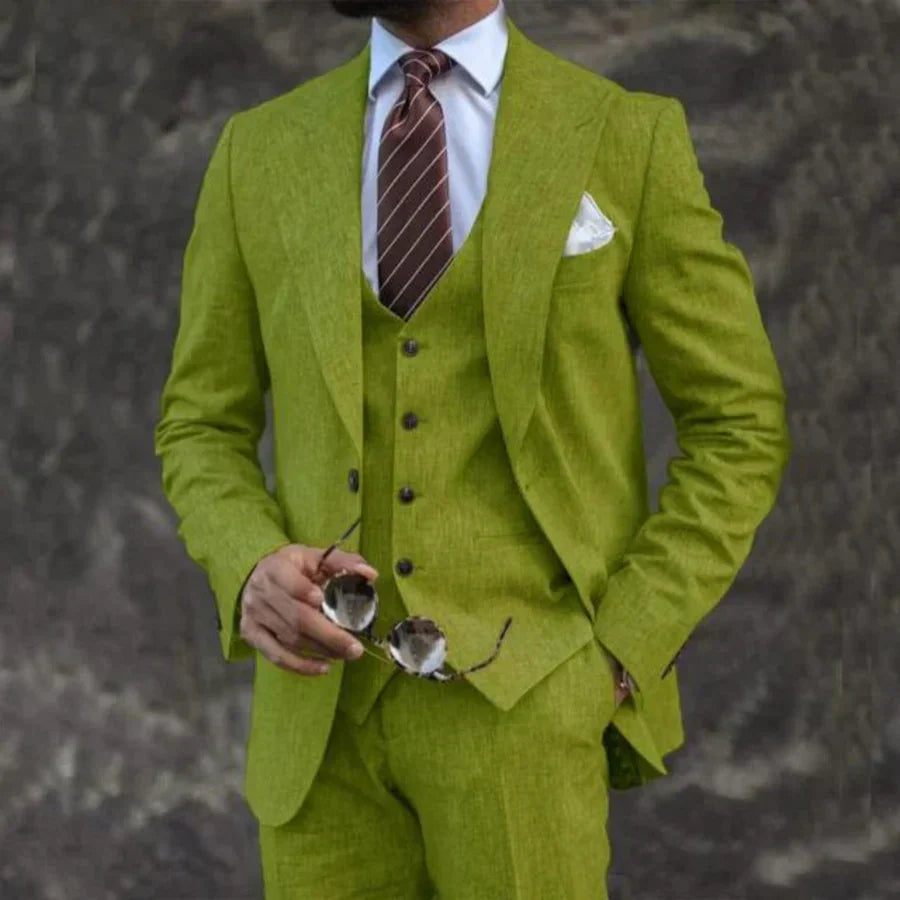 Men's three-piece suit with notched lapel blazer, buttoned waistcoat and matching trousers