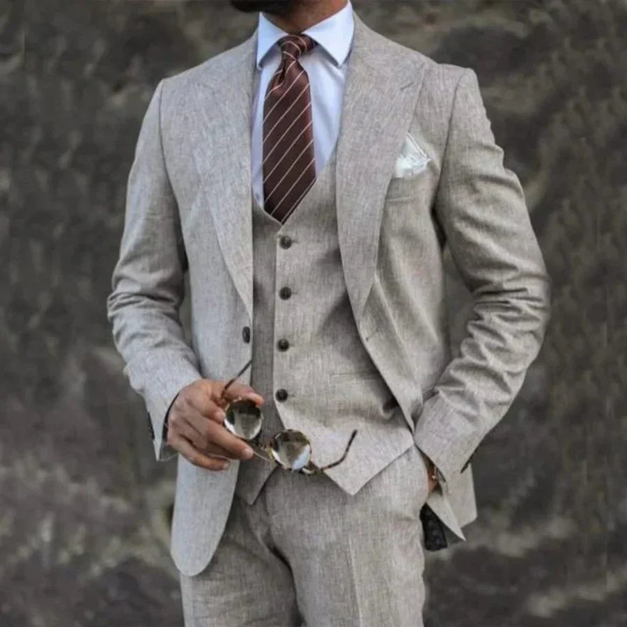 Men's three-piece suit with notched lapel blazer, buttoned waistcoat and matching trousers