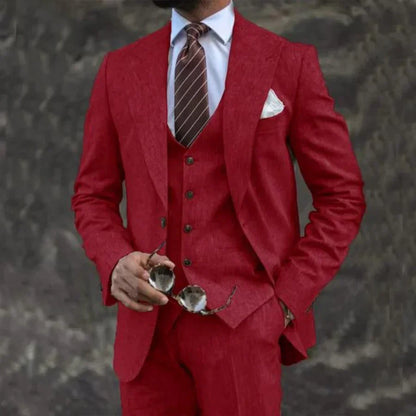 Men's three-piece suit with notched lapel blazer, buttoned waistcoat and matching trousers