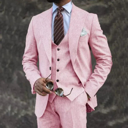 Men's three-piece suit with notched lapel blazer, buttoned waistcoat and matching trousers