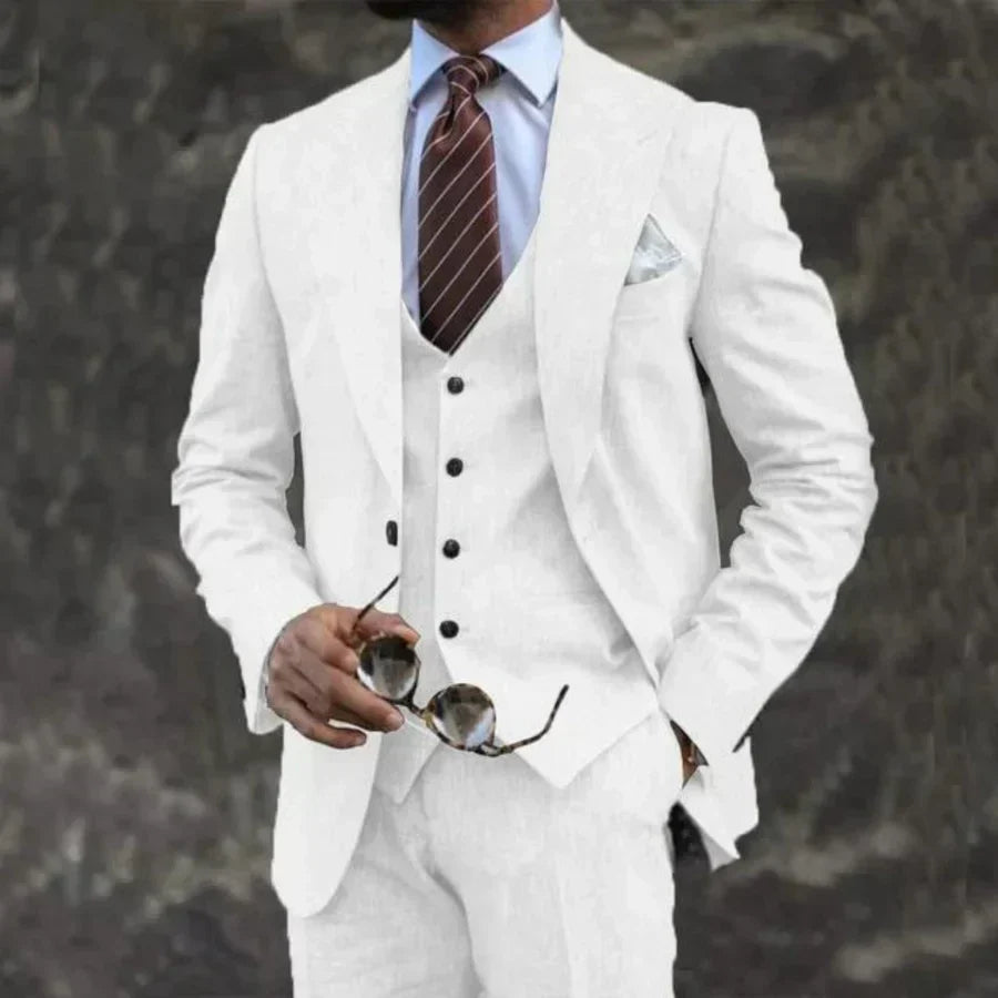Men's three-piece suit with notched lapel blazer, buttoned waistcoat and matching trousers