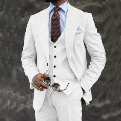 Men's three-piece suit with notched lapel blazer, buttoned waistcoat and matching trousers