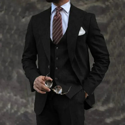 Men's three-piece suit with notched lapel blazer, buttoned waistcoat and matching trousers