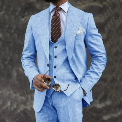 Men's three-piece suit with notched lapel blazer, buttoned waistcoat and matching trousers