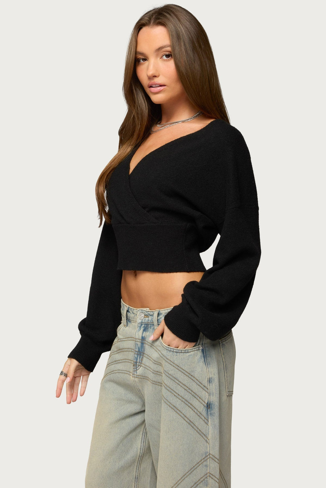 Women's cropped wrap sweater with V-neckline and long sleeves
