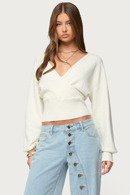 Women's cropped wrap sweater with V-neckline and long sleeves