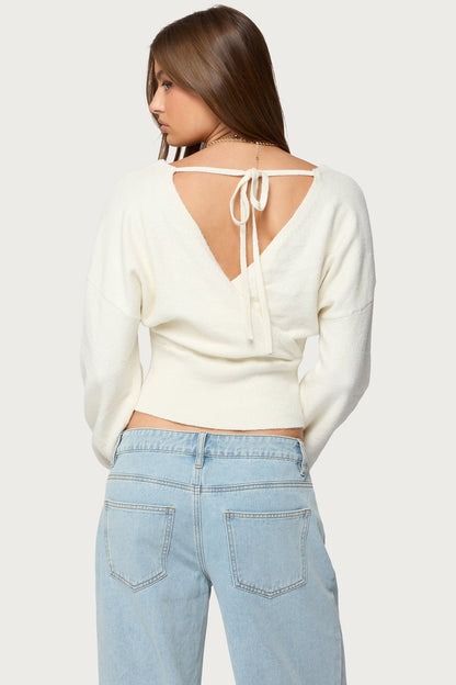 Women's cropped wrap sweater with V-neckline and long sleeves