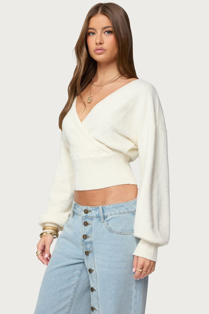 Women's cropped wrap sweater with V-neckline and long sleeves