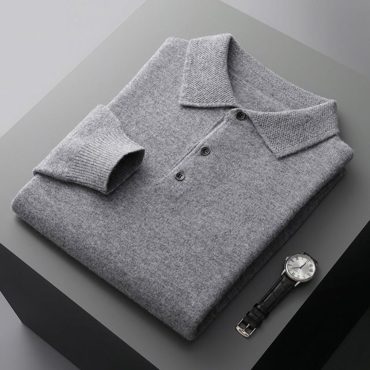 Men's long-sleeve three-button knit polo sweater