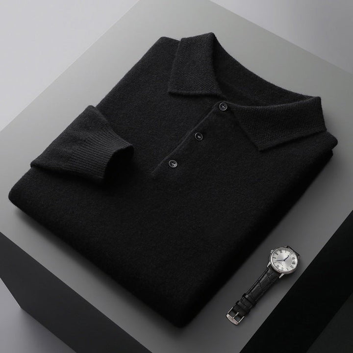 Men's long-sleeve three-button knit polo sweater