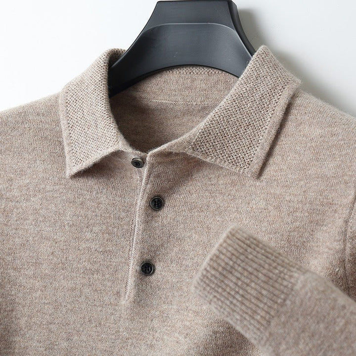 Men's long-sleeve three-button knit polo sweater