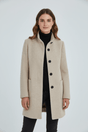 Women's tailored button-front overcoat with stand collar and patch pockets