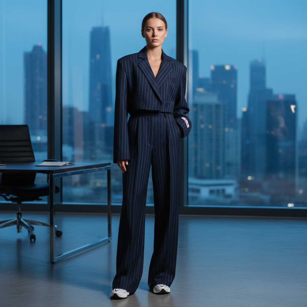 Women's pinstripe blazer and wide-leg trouser suit set
