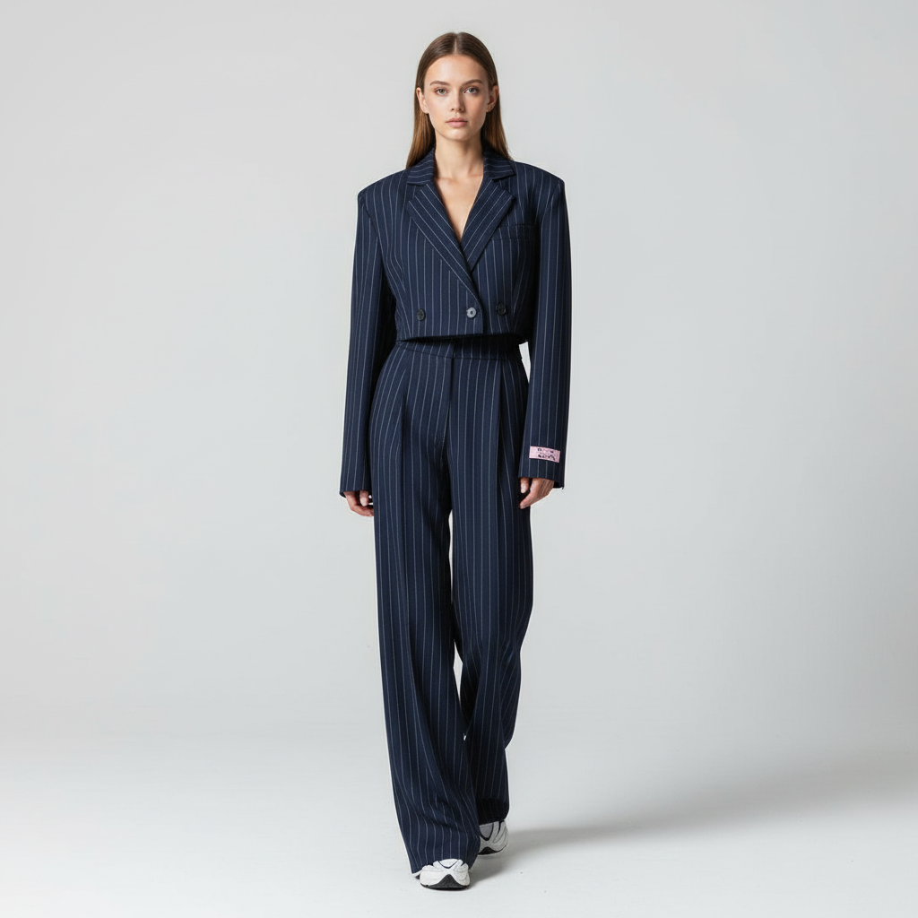 Women's pinstripe blazer and wide-leg trouser suit set