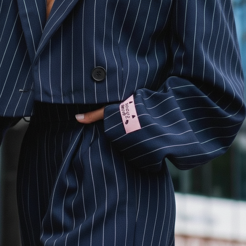 Women's pinstripe blazer and wide-leg trouser suit set