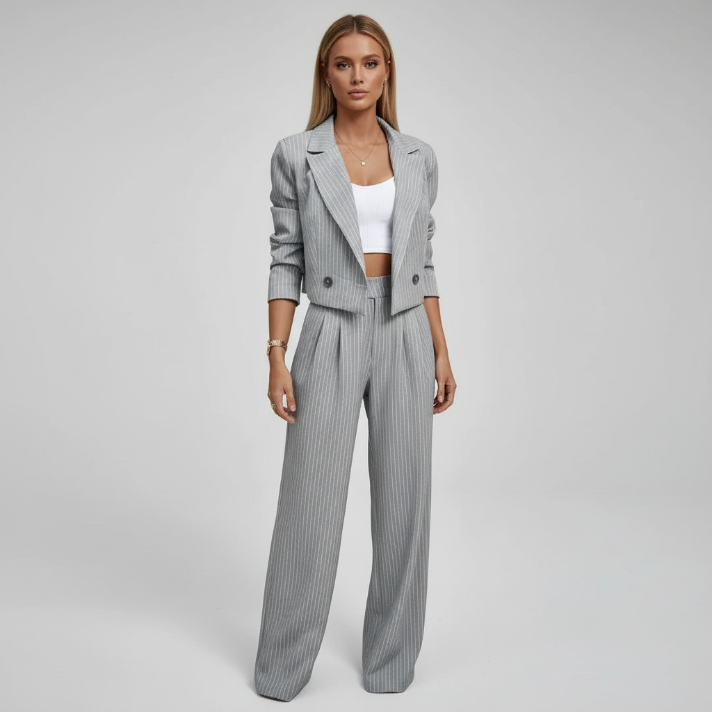 Women's pinstripe blazer and wide-leg trouser suit set