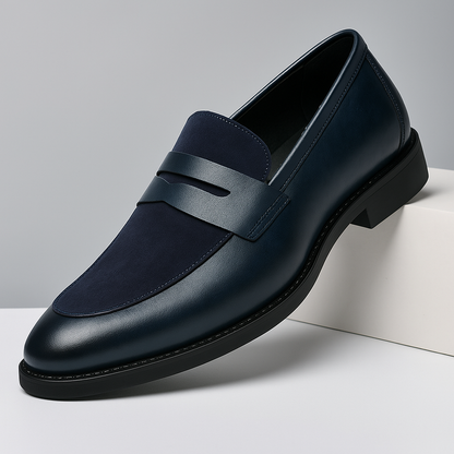 Men's penny loafers with a rounded toe, vamp strap and low heel