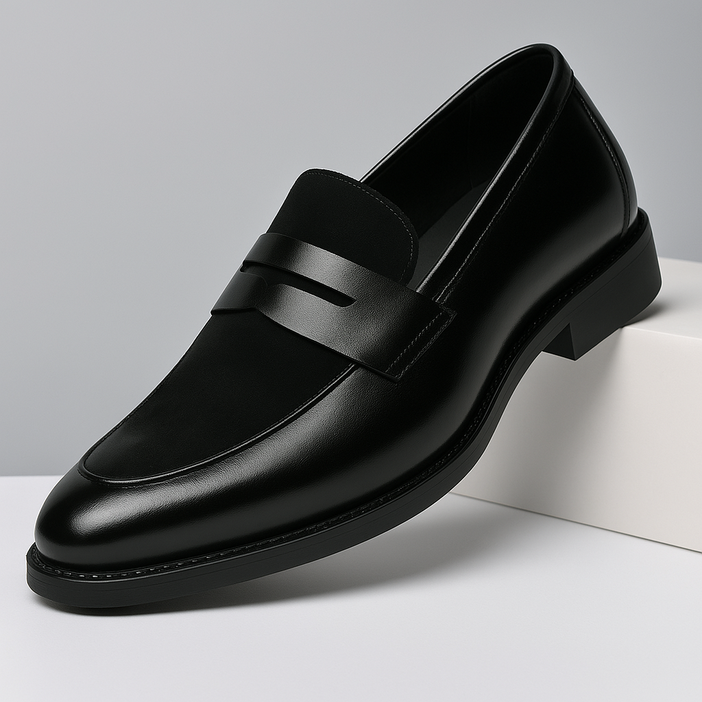 Men's penny loafers with a rounded toe, vamp strap and low heel
