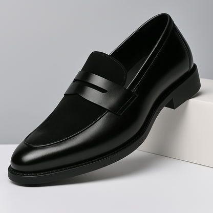Men's penny loafers with a rounded toe, vamp strap and low heel