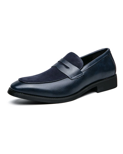 Men's penny loafers with a rounded toe, vamp strap and low heel