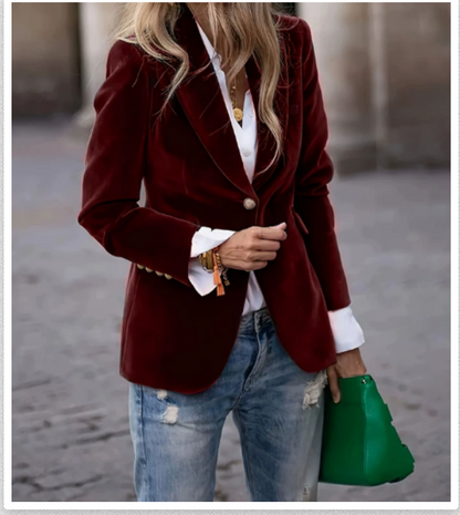 Women's tailored velvet blazer with notched lapels, long sleeves and button front