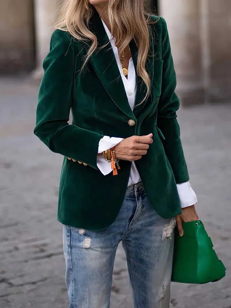 Women's tailored velvet blazer with notched lapels, long sleeves and button front