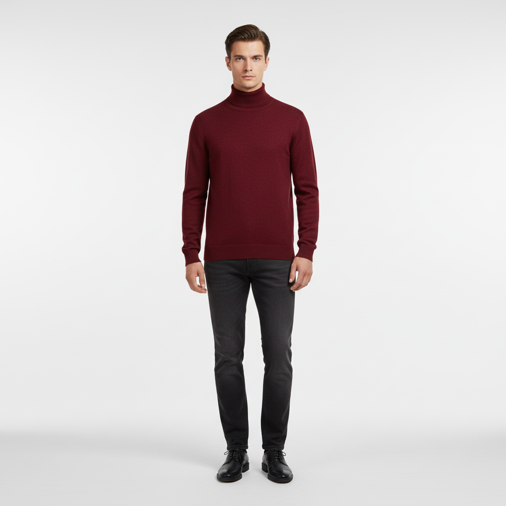 Men's plain knit turtleneck sweater with long sleeves