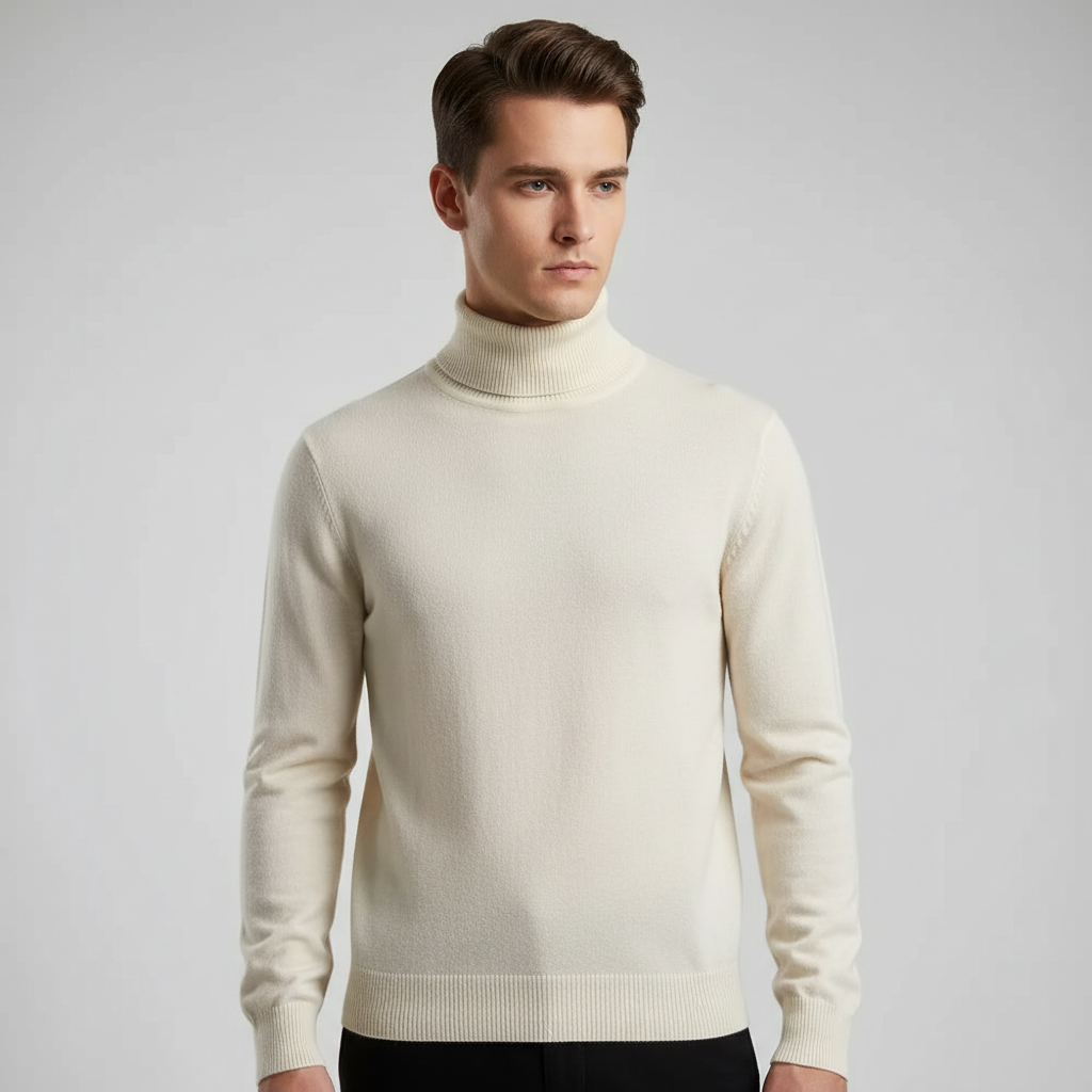 Men's plain knit turtleneck sweater with long sleeves