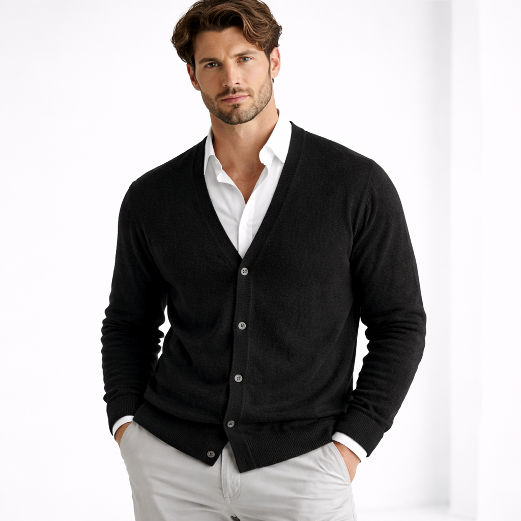 Men's V-neck knit cardigan with button front and long sleeves