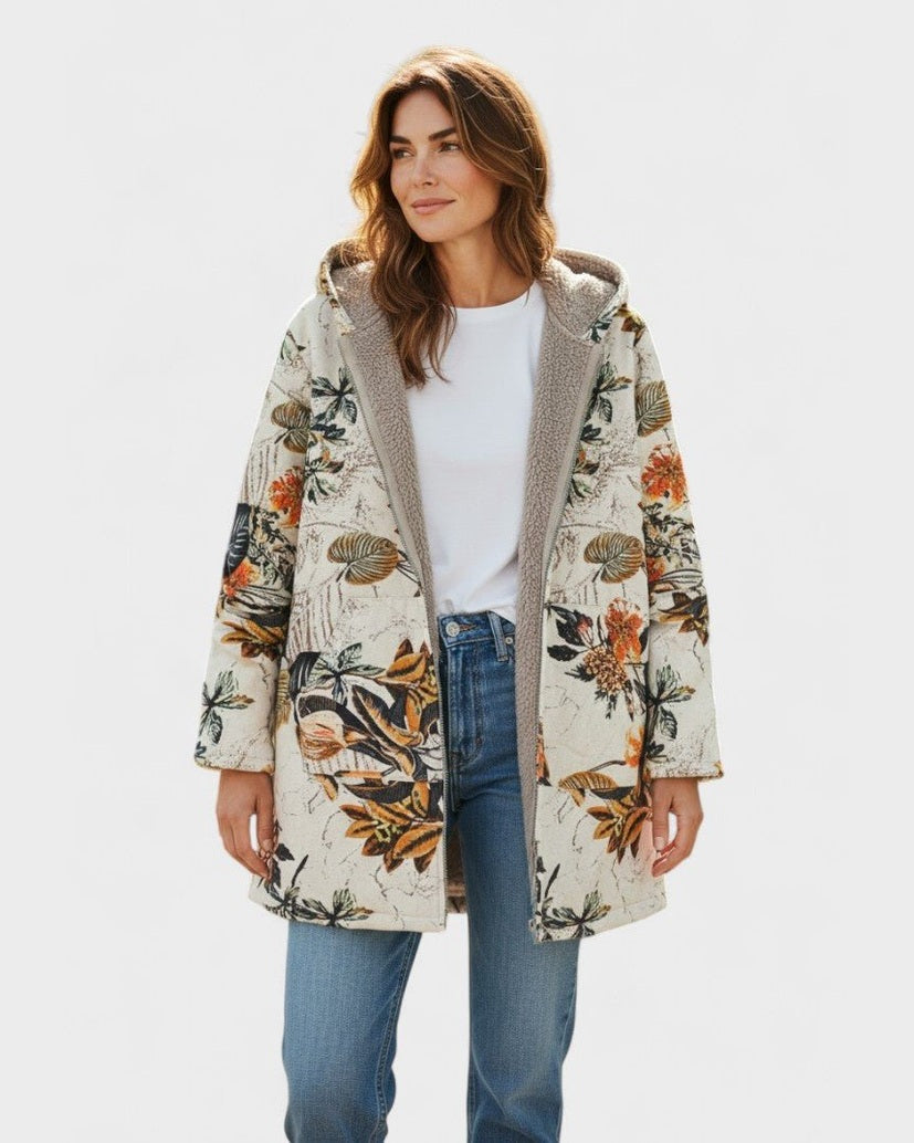 Women's beige floral hooded sherpa coat with long sleeves and open front