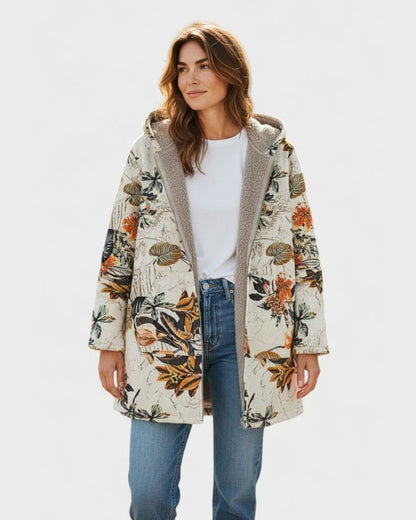 Women's beige floral hooded sherpa coat with long sleeves and open front