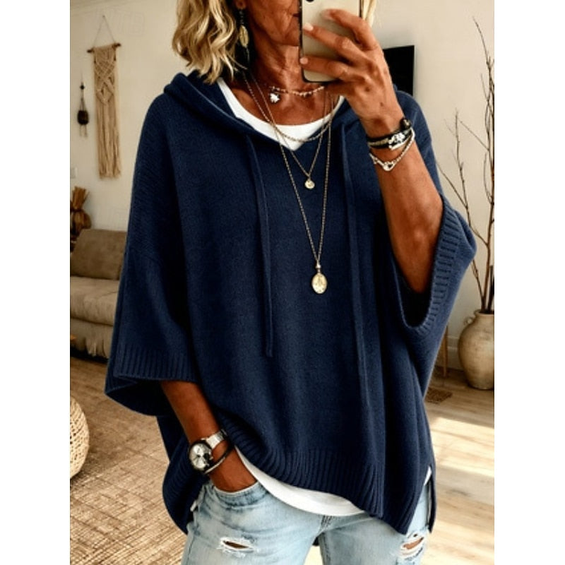 Women's hooded knit sweater with drawstring and side splits
