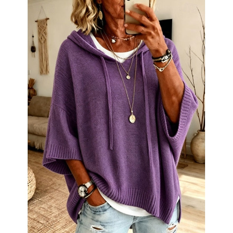 Women's hooded knit sweater with drawstring and side splits