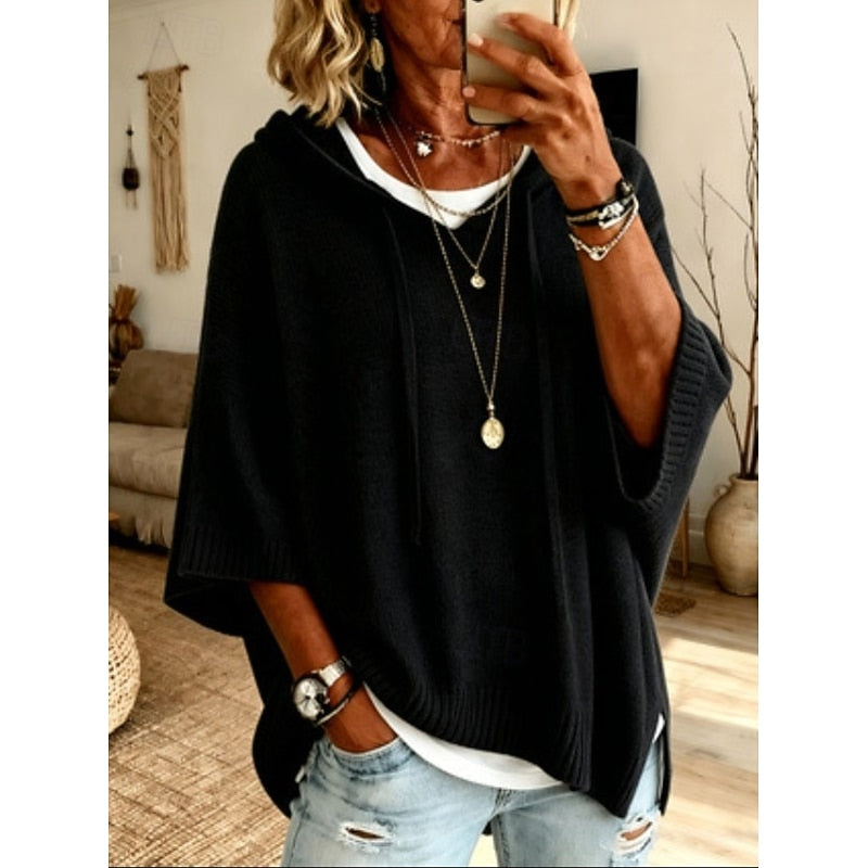 Women's hooded knit sweater with drawstring and side splits