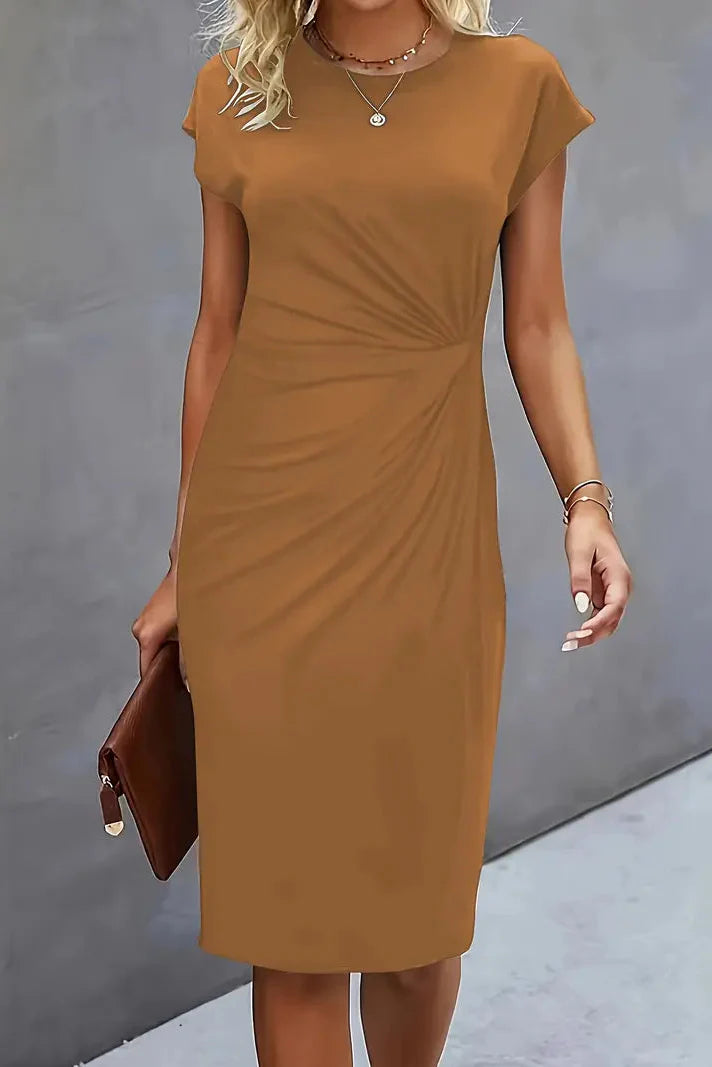Women's Ruched Midi Prom Dress — Cap-Sleeve Evening Cocktail Dress