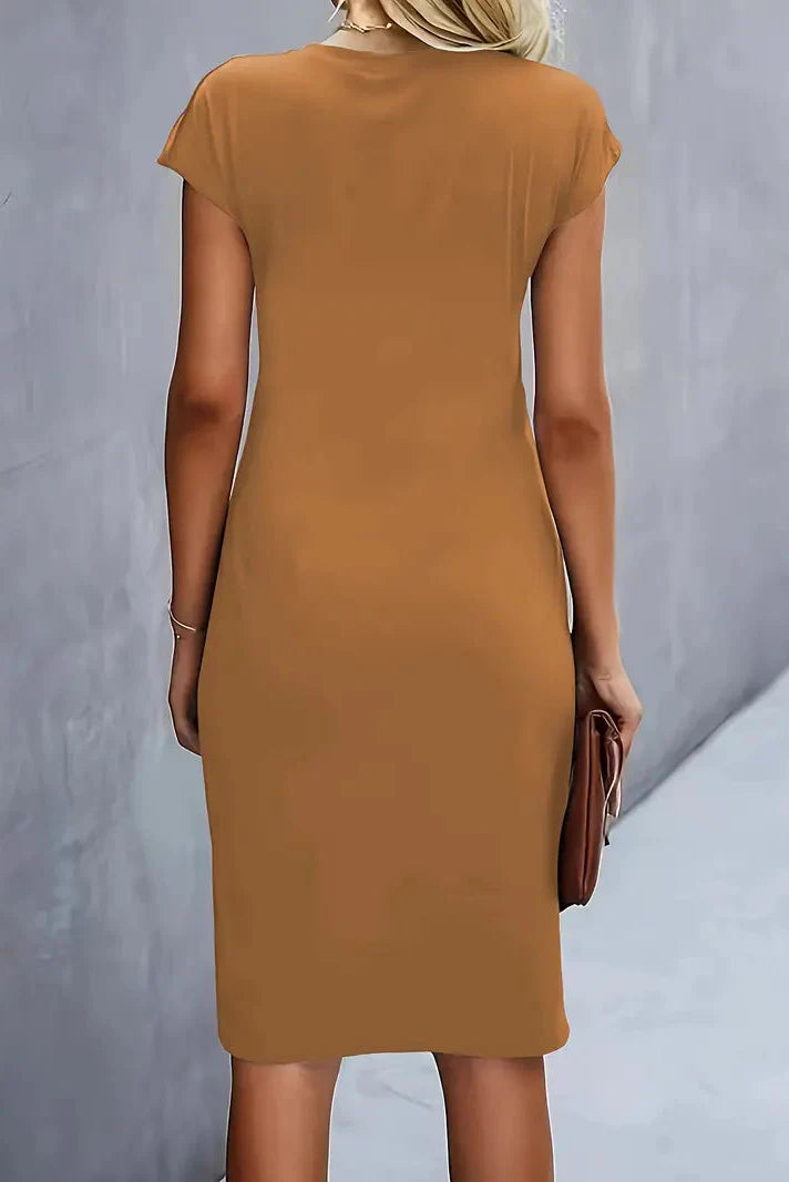 Women's Ruched Midi Prom Dress — Cap-Sleeve Evening Cocktail Dress