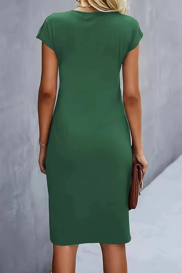 Women's Ruched Midi Prom Dress — Cap-Sleeve Evening Cocktail Dress