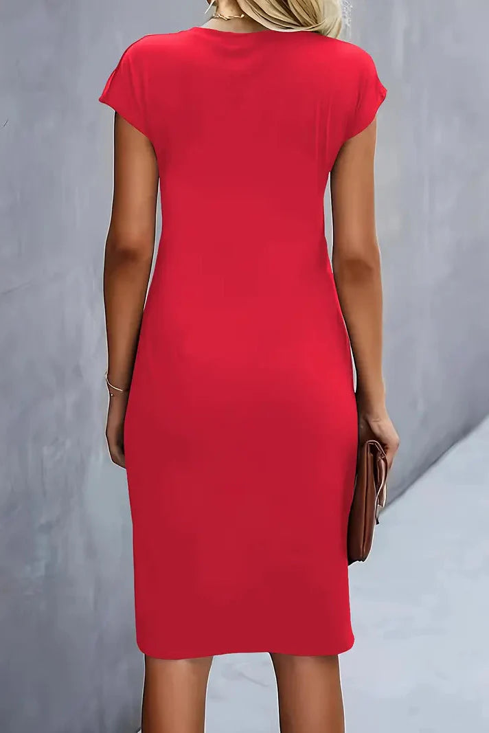Women's Ruched Midi Prom Dress — Cap-Sleeve Evening Cocktail Dress