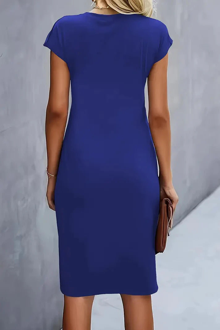 Women's Ruched Midi Prom Dress — Cap-Sleeve Evening Cocktail Dress