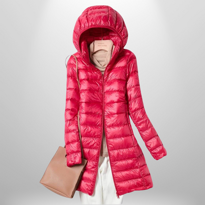 Women's hooded quilted longline puffer jacket with front zipper