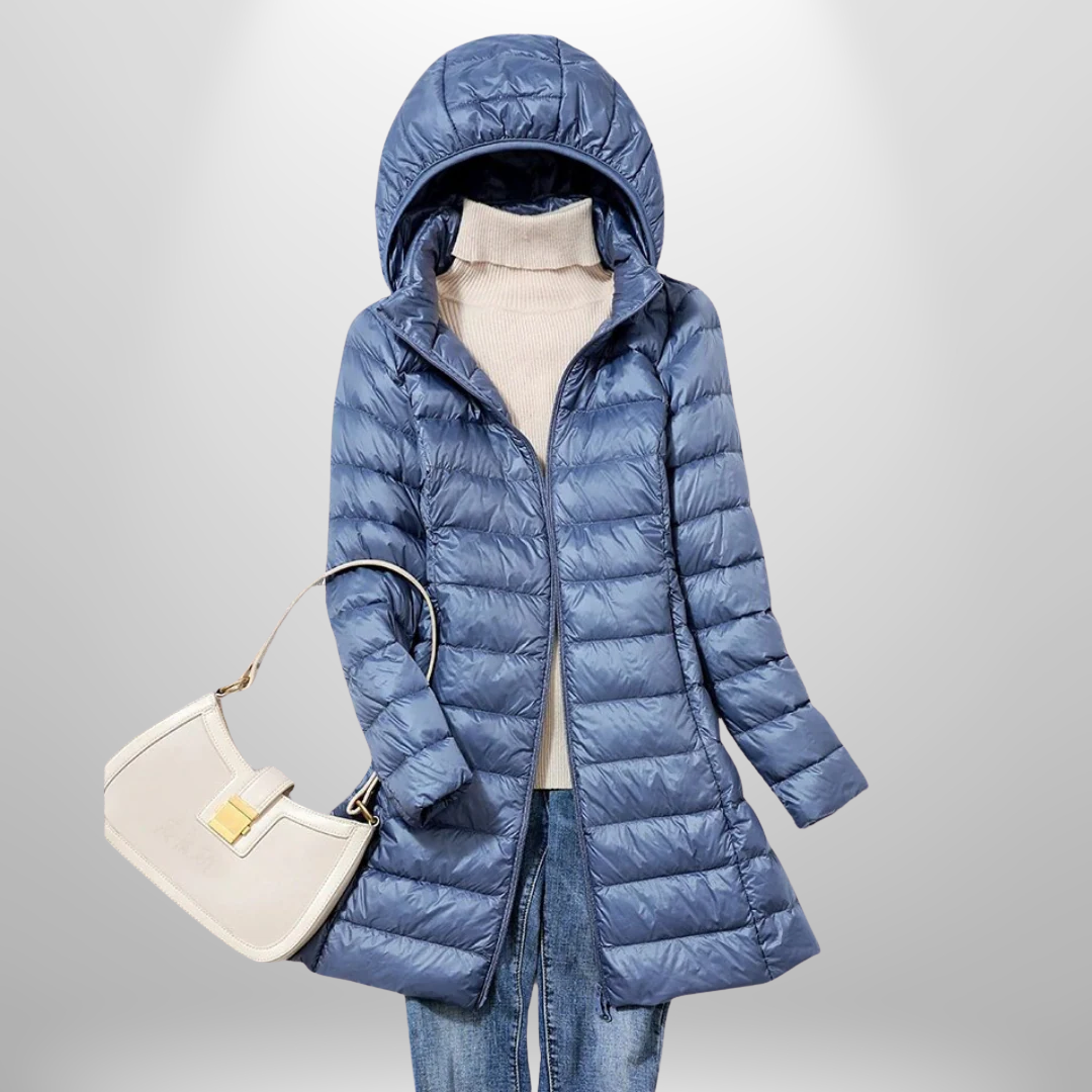 Women's hooded quilted longline puffer jacket with front zipper