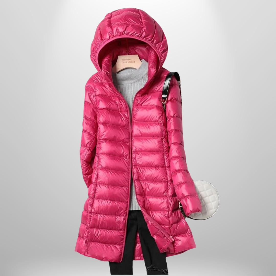 Women's hooded quilted longline puffer jacket with front zipper