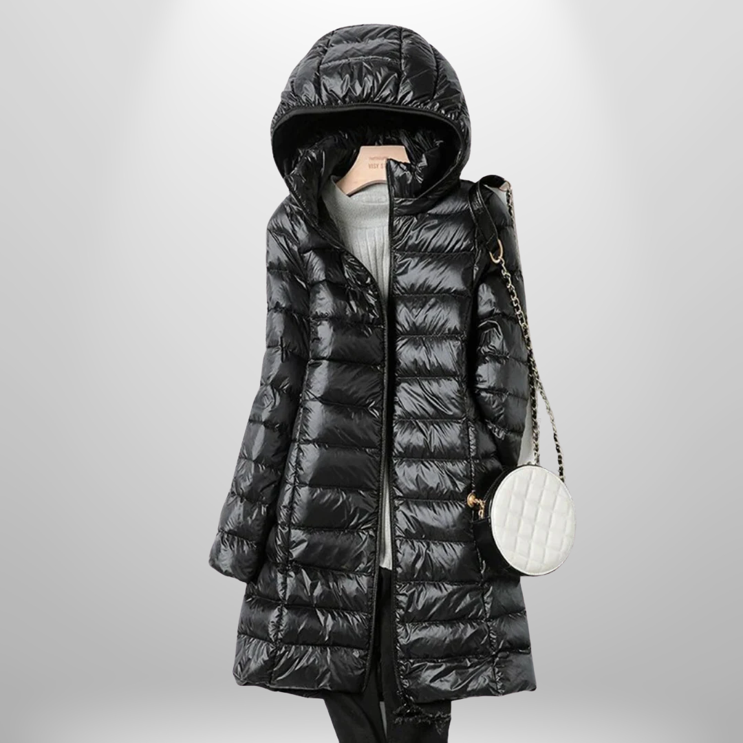 Women's hooded quilted longline puffer jacket with front zipper