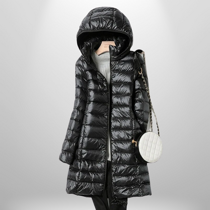 Women's hooded quilted longline puffer jacket with front zipper