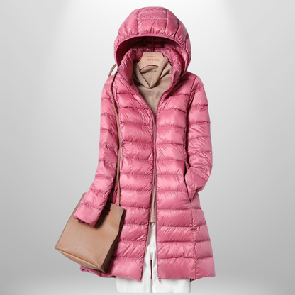 Women's hooded quilted longline puffer jacket with front zipper