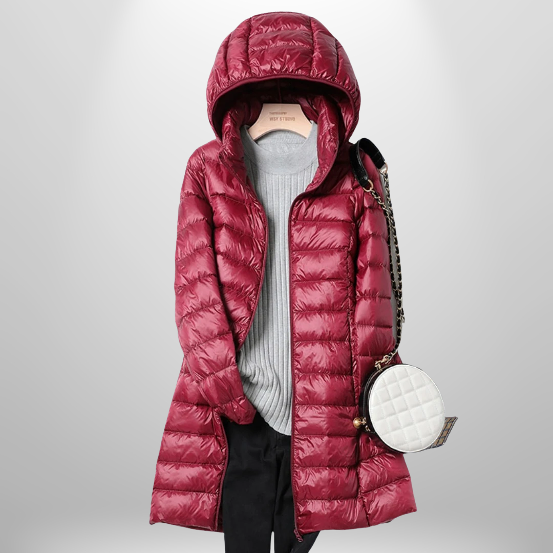 Women's hooded quilted longline puffer jacket with front zipper