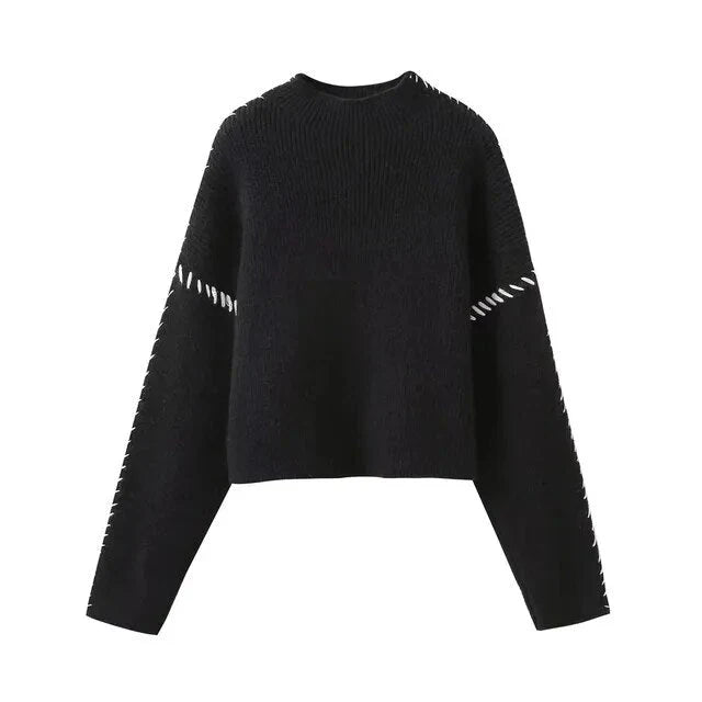 Women's crew neck knit sweater with contrast stitch detailing and long sleeves