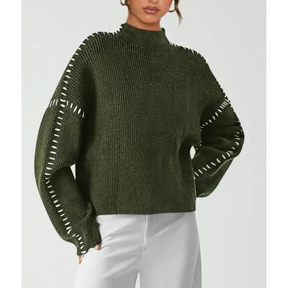 Women's crew neck knit sweater with contrast stitch detailing and long sleeves
