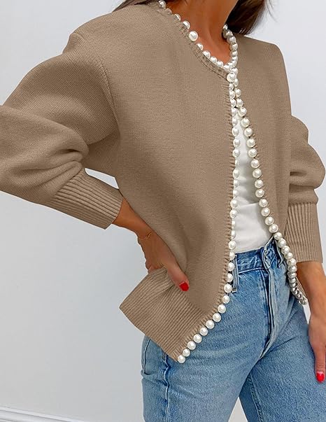 Women's open-front cardigan with pearl trim and long sleeves